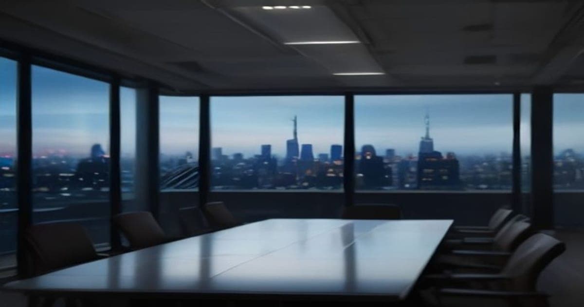 A sleek modern financial technology boardroom at twilight featuring abstract digital data nodes on glass screens overlooking a city skyline.