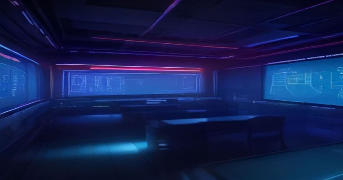 Abstract high-tech security operations center with glowing digital network monitors analyzing system threat vectors.