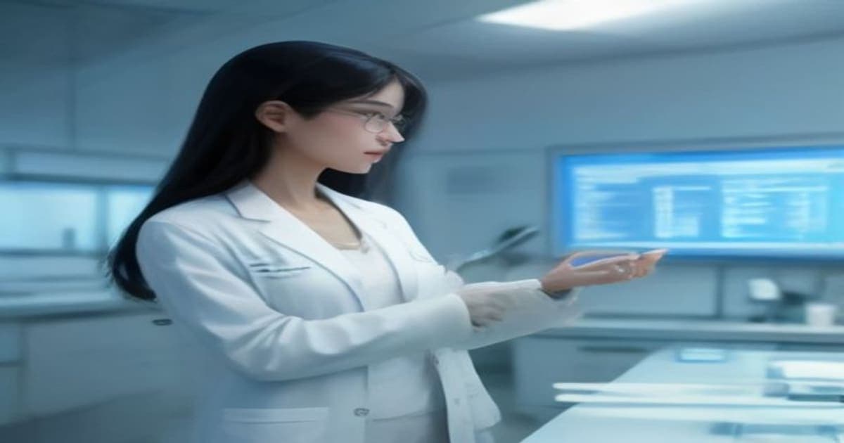 A clinical laboratory scientist examining high-resolution computational cellular models and microfluidic assays in a modern biopharmaceutical research center.