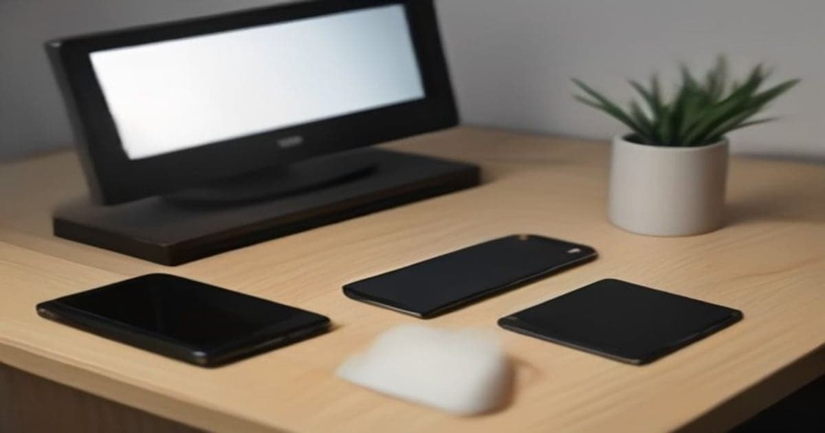 A minimalist tabletop display featuring compact modern electronic devices, dedicated audio players, and pocket-sized smart tools beside a notebook.