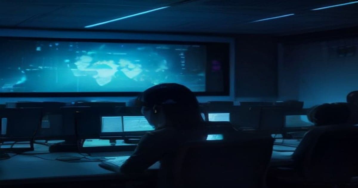 Cybersecurity analysts monitoring threat telemetry on digital wall displays in a modern security operations center.